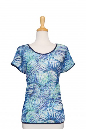 Blue, Green and White Tropical Crochet Short Sleeve Top