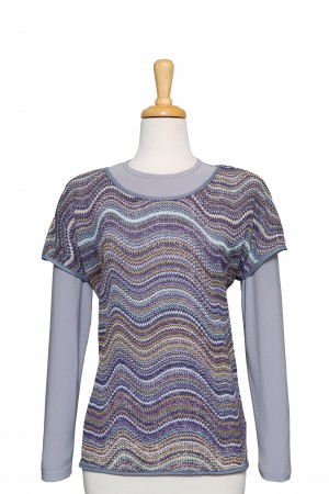 Plus Size Shades of Grey and Purple Waves Crochet Short Sleeve With Grey Long Sleeve Microfiber Top