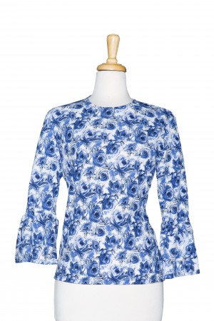 Plus Size Shades Of Blue and White Floral Textured 3/4 Bell Sleeve Top