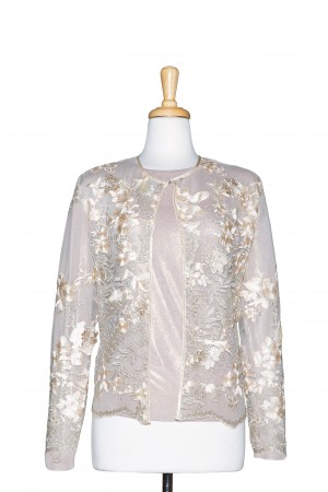 Plus Size Two Piece Gold and Peach Floral Lace with Light Gold Metallic Long Sleeve Top