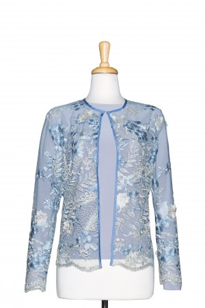Plus Size Two Piece Light Blue and Silver Floral Lace with Silver Grey Long Sleeve Top