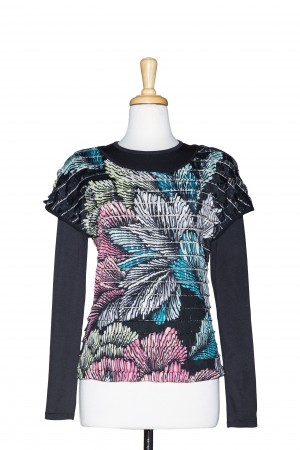 Multi Color Tropical Ruffled Short Sleeve With Long Sleeve Microfiber Top