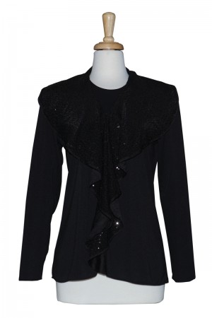 Two Piece Black Sequins Ruffled Collar Matte Jersey Set