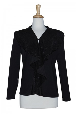 Black Sequins Ruffled Collar Matte Jersey Jacket