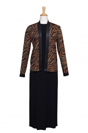 Plus Size Three Piece Black and Camel Animal Print Knit Set With Leather Trim