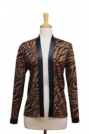 Plus Size Black and Camel Animal Print Knit Jacket With Leather Trim
