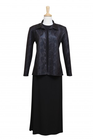 Three Piece Black Ponti Knit  - Leather Screening & Collar with Matte Jersey Skirt