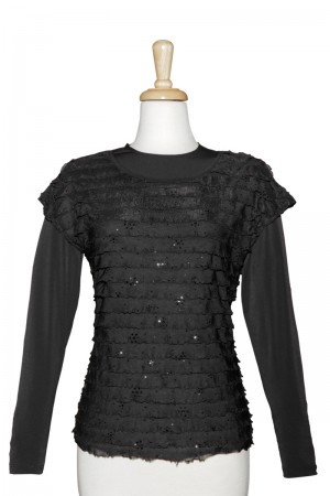 Black Sequins Ruffled Short Sleeve With Long Sleeve Microfiber Top