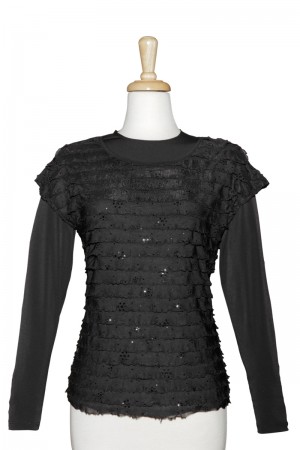 Plus Size Black Sequins Ruffled Short Sleeve With Long Sleeve Microfiber Top