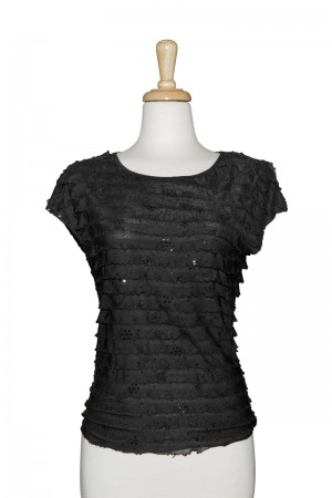 Black Sequins Ruffled Short Sleeve Top