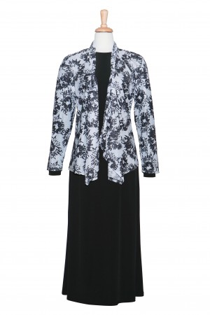 Three Piece White & Black Sheer Floral Shawl Collar Microfiber Set