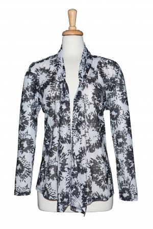 Plus Size White & Black Sheer Floral Shawl Collar Microfiber Jacket