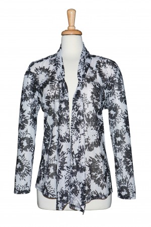 White & Black Sheer Floral Shawl Collar  Jacket