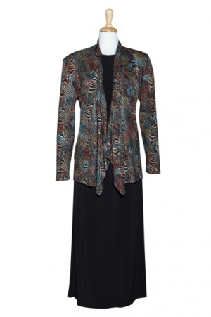 Three Piece Multi Swirl Shawl Collar Knit Set With Matte Jersey Skirt