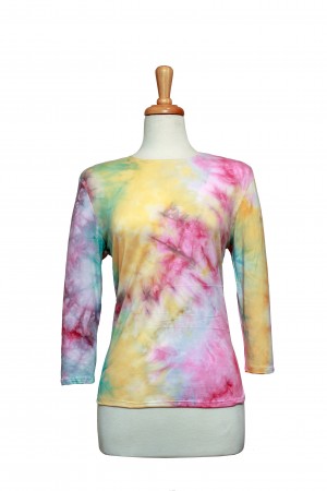 Shades of Yellow and Pink Pastel Tie Dye Cotton 3/4 Sleeve Top 