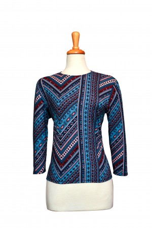 Smoked Blue and Burgundy Geometric Cotton 3/4 Sleeve Top 