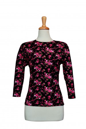 Plus Size Black and Pink Mini Floral Cotton 3/4 Sleeve Top 