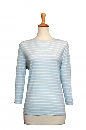 Plus Size Light Blue and White Striped Cotton 3/4 Sleeve Top 
